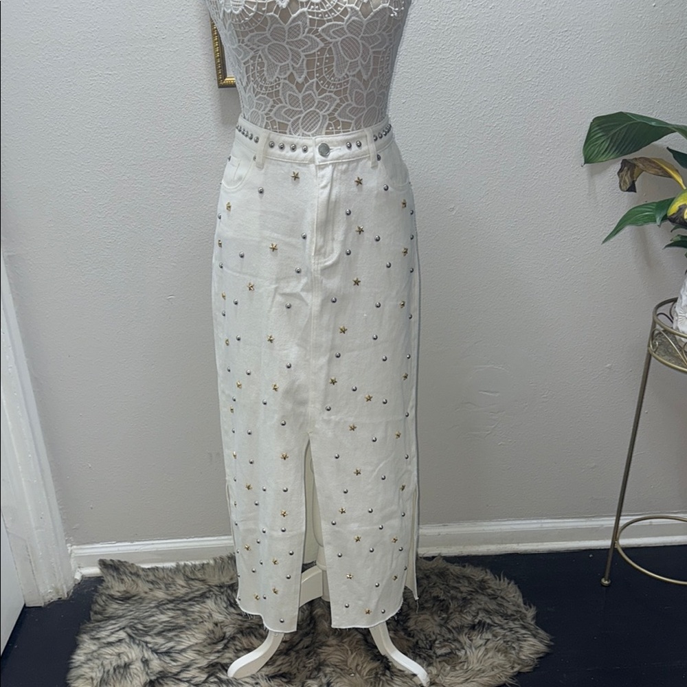 Nasty Gal White Midi Skirt with Gold Studs